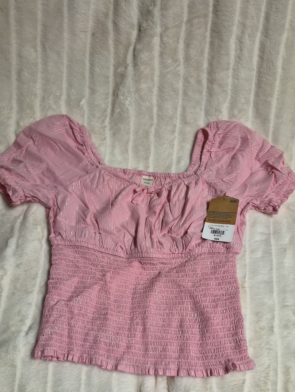 Pink Puff-Sleeve Smocked Crop Top